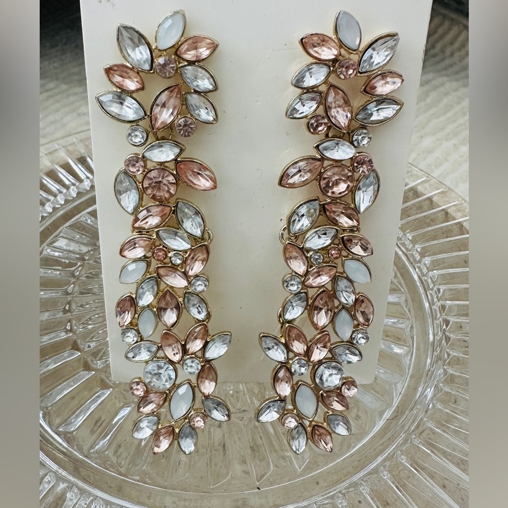 H&M Blush Crystal Floral Drop Earrings | Gold Tone Statement NWT